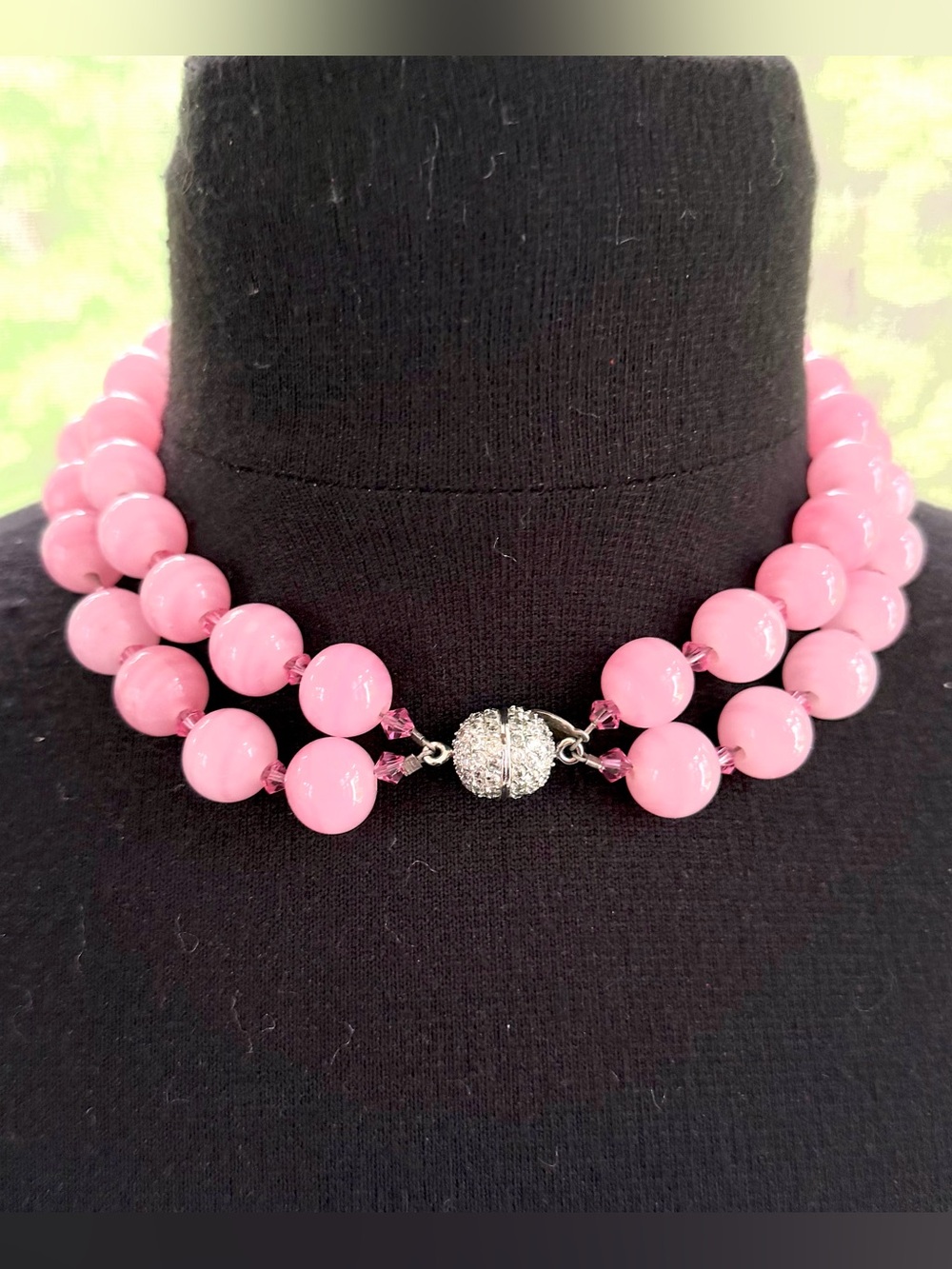 KEP Designs Double Strand Pink Beads Choker Necklace Rhinestone Screw Clasp - Picture 3 of 6